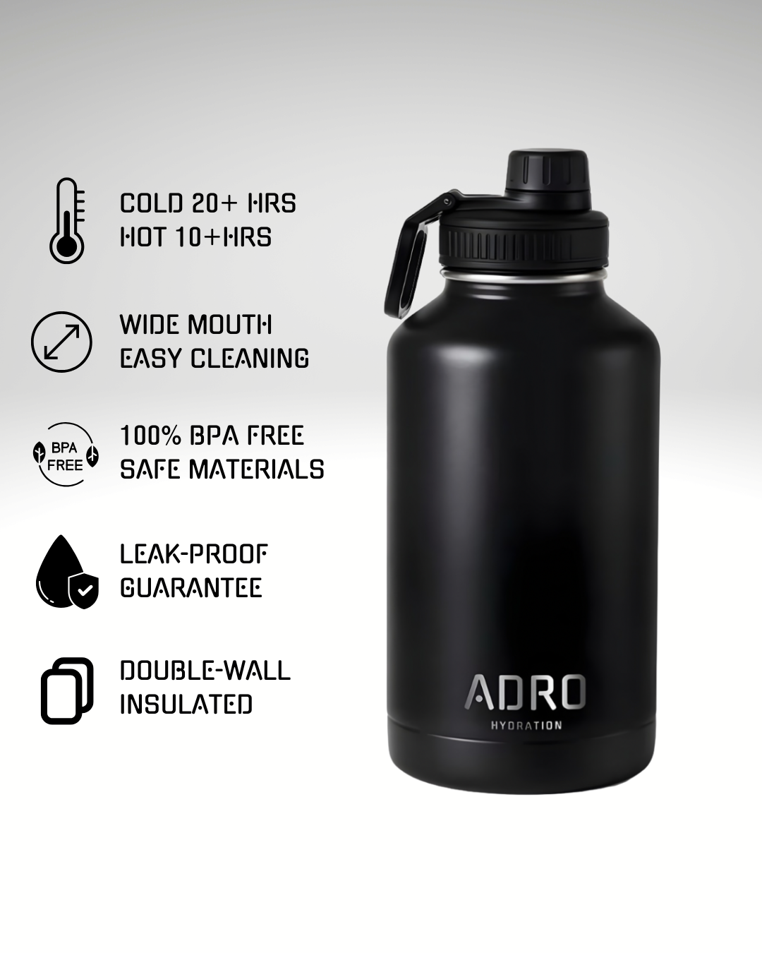 ADRO Large Metal Insulated Water Bottle - Black